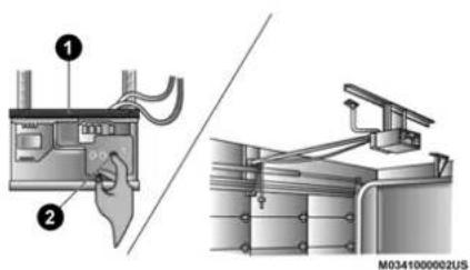 Diagram showing two installation steps of a device with labeled components and a separate view of the device's mounting bracket.