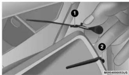 Medical diagram showing surgical tools labeled ① and ② on a device, with patient numbers M0804000053US indicated.