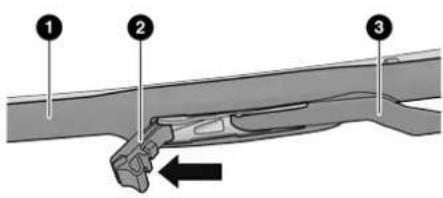 Technical diagram showing three labeled components (1, 2, 3) of a mechanical or fluidic component with an arrow indicating direction.
