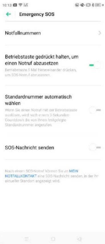 Emergency SOS Notfallnummern Betriebstaste gedrückt halten, um einen Notruf abzusetzen Betriebstaste 5 Mai hintereinander drücken, um SOS-Notruf abzusetzen. Standardnummer automatisch wählen Wenn Sie einen Notruf mit der Betriebstaste auslösen, wird nach einem 3-Sekunden Countdown die von Ihnen festgelegte Standardnummer angerufen. SOS-Nachricht senden Nach einem SOS-Notruf können Sie um MEIN NOTFALLKONTAKT eine SOS-Nachricht senden, in der Ihr aktueller Standort angezeigt wird.