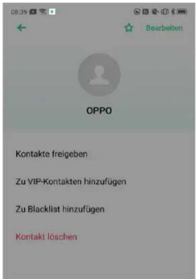 OPPO Kontakte freigeben Zu VIP-Kontakten hinzufügen Zu Blacklist hinzufügen Kontakt löschen