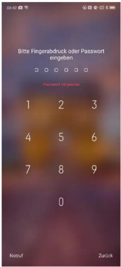 08:42 Bitte Fingerabdruck oder Passwort eingeben Password vergessen 1 2 3 4 5 6 7 8 9 0 Notruf Zurück