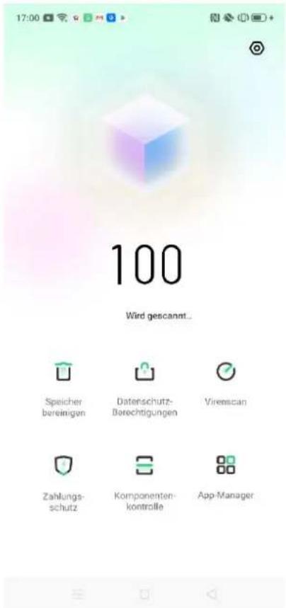 17:00 100 Wird gescannt... Speicher bereinigen Datenschutz- Berechtigungen Virenscan Zahlungs- schutz Komponenten- kontrolle App-Manager