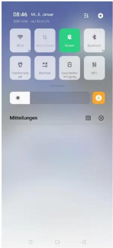08:46 ML. 8. Januar SIM fehlt - nur Notrufe Wi-Fi Mobile Deters Ritumen Bluetooth Taschenlam- pe Rechner Speicherber- lemigung NFC Mitteilungen