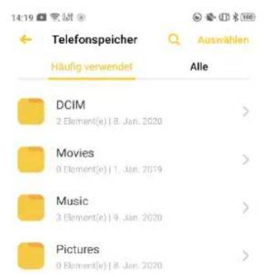 Telefonspeicher Häufig verwendet DCIM 2 Element(e) | 8. Jan. 2020 Movies 0 Element(e) | 1. Jan. 2019 Music 3 Element(e) | 9. Jan. 2020 Pictures 0 Element(e) | 8. Jan. 2020 Auswählen Alle