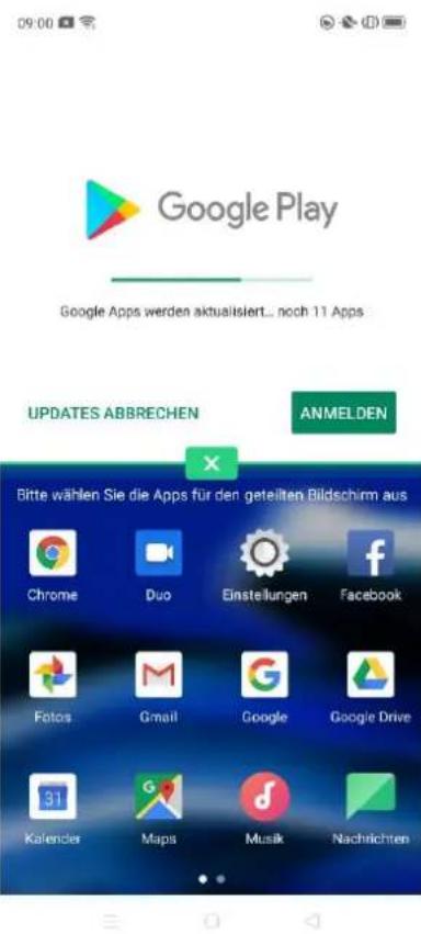 Google Play Google Apps werden aktualisiert... noch 11 Apps UPDATES ABBRECHEN ANMELDEN Bitte wählen Sie die Apps für den geteilten Bildschirm aus Chrome Duo Einstellungen Facebook Fotos Gmail Google Google Drive 31 Kalencles Maps Musik Nachrichten