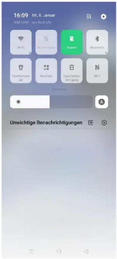 16:09 Mi. 8. Januar SIM fehlt - nur Notrufe WiFi Mobile Dellen Stamm Bluetooth Taschenlam- Rechner Speicherbet- reinigung NFC Unwichtige Benachrichtigungen
