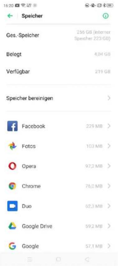 Speicher Ges.-Speicher 256 GB (interner Speicher 223 GB) Belegt 4,04 GB Verfügbar 219 GB Speicher bereinigen > Facebook 229 MB > Fotos 103 MB > Opera 97,2 MB > Chrome 76,0 MB > Duo 62,3 MB > Google Drive 59,2 MB > Google 57,1 MB >
