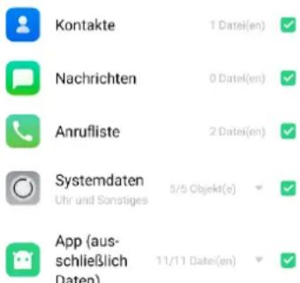 Kontakte 1 Datei(en) Nachrichten 0 Datei(en) Anrufliste 2 Datei(en) Systemdaten Uhr und Sonstiges 5/5 Objekt(e) App (aus- schließlich Daten) 11/11 Datei(en)