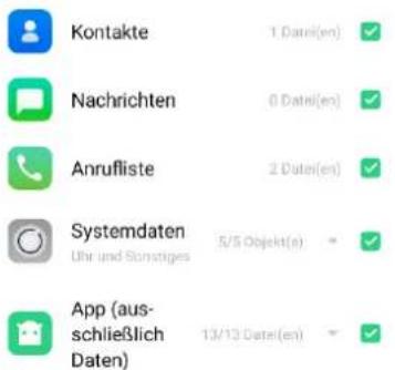 Kontakte 1 Date(en) Nachrichten 0 Date(en) Anrufliste 2 Date(en) Systemdaten Uhr und Sonstiges 5/5 Objekt(e) App (aus- schließlich Daten) 13/13 Date(en)