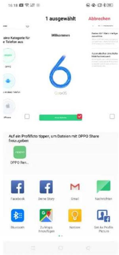 1 ausgewählt Abbrechen eine Kategorie für e Telefon aus Willkommen 6 Aumentallos Unschaffte Multi-Technikstoff iPhone up to 30% Auf ein Profilfoto tippen, um Dateien mit OPPO Share freizugeben oppo OPPO Rent... Facebook Deme Story Gmail Nachrichten Bluetooth Zu Maga Hinzufügen Notices Set As Profile Picture