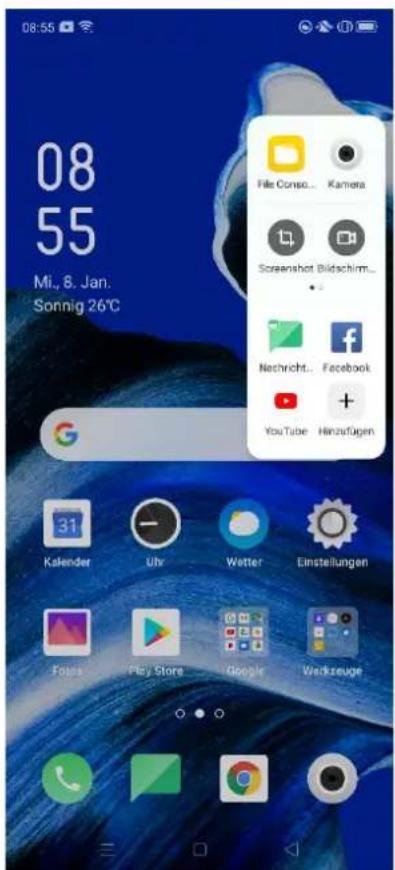 08 55 Mi., 8. Jan. Sonnig 26°C File Cons... Kamera Screenshot Bildschirm... Nachricht... Facebook YouTube Hinzufagen 31 Kalender Uhr Wetter Einstellungen Foges Play Store Google Werkzeuge
