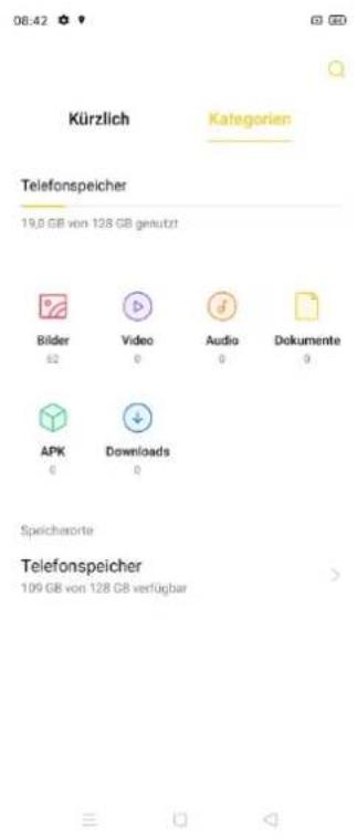 Kürzlich Kategorien Telefonspeicher 19,0 GB von 128 GB genutzt Bilder 62 Video 0 Audio 0 Dokumente 0 APK 0 Downloads 0 Speichende Telefonspeicher 109 GB von 128 GB verfügbar