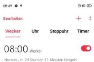 08:49 Bearbeiten Wecker Uhr Stoppuhr Timer 08:00 Wecker Niemals, In 23 Stunden 11 Minuten klingeln