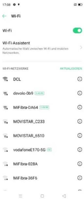 17:08 Wi-Fi Wi-Fi Wi-Fi-Assistent Automatische Wahl zwischen Wi-Fi und mobilen Netzwerken. Wi-FI-NETZWERKE AKTUALISIEREN DCL devolo-0b9 2.45/50 MiFibra-DA64 2.45/50 MOVISTAR_C233 MOVISTAR_6510 vodafoneE170-5G 10 MiFibra-028A MiFibra-36F6