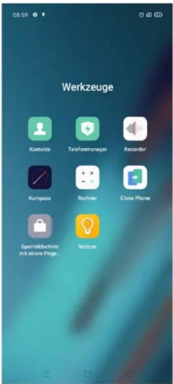 08:59 Werkzeuge Kontakte Telefonmanager Recorder Kompass Rechner Clone Phone Sperbildschirm mit einem Finge... Notizen