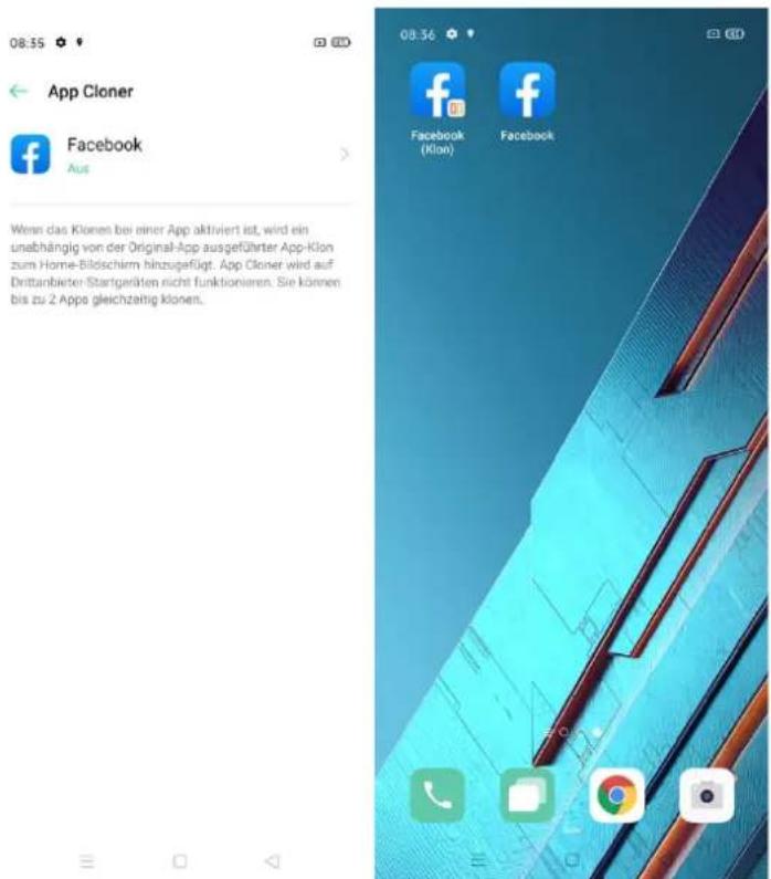 08:35 App Cloner Facebook Aus Wenn das Klonen bei einer App aktiviert ist, wird ein unabhängig von der Original-App ausgeführter App-Klon zum Home-Bildschirm hinzugefügt. App Cloner wird auf Drittanbieter-Startgeräten nicht funktionieren. Sie können bis zu 2 Apps gleichzeitig klonen. 08:36 Facebook (Klon) Facebook
