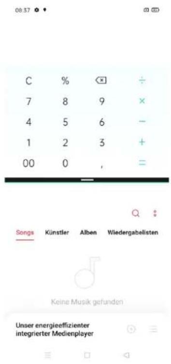 C % × ÷ 7 8 9 × 4 5 6 - 1 2 3 + 00 0 , = Songs Künstler Alben Wiedergabelisten Keine Musik gefunden Unser energieeffizienter integrierter Medienplayer
