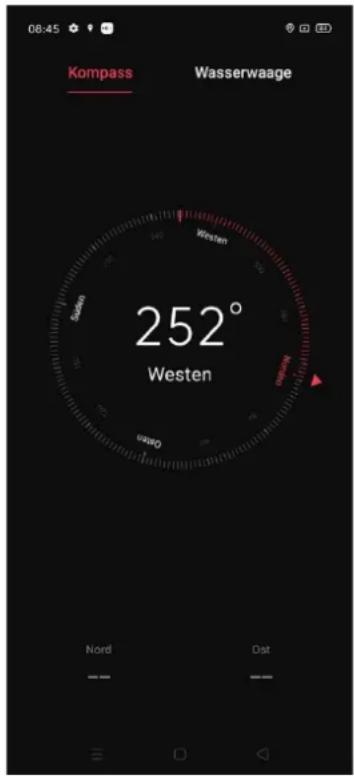 08:45 Kompass Wasserwaage 252° Westen Osten Nord Dist