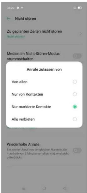 Nicht stören Zu geplanten Zeiten nicht stören Nicht gettzuert Medien im Nicht-Stören-Modus stummschalten Anrufe zulassen von Von allen Nur von Kontakten Nur markierte Kontakte Alle verbieten Wiederholte Anrufe Ein zweiter Anruf von der gleichen Nummer, der innerhalb von 3 Minuten erhalten wird, wird nicht unterdrückt