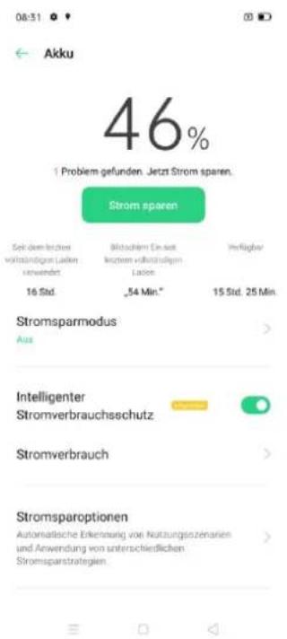 08:31 Akku 46% Problern gefunden. Jetzt Strom sparen. Strom sparen Sek dem letzten vollständigen Lassen unwendet Mitschlem Ein-au kezern vollständigen Lassen Verfügbar 16 Std. „54 Min.“ 15 Std. 25 Min. Stromsparmodus Aus > Intelligenter Stromverbrauchsschutz > Stromverbrauch > Stromsparoptionen Automatische Erkennung von Nutrungszenarien und Anwendung von unterschiedlichen Stromsparstrategien.