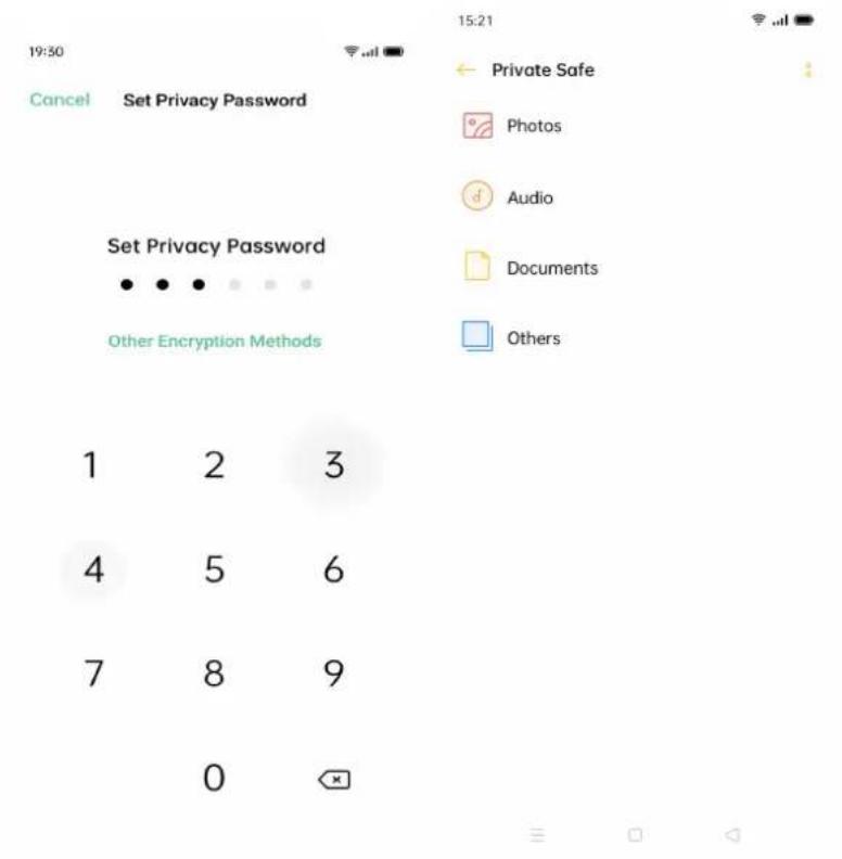 19:30 Cancel Set Privacy Password Set Privacy Password Other Encryption Methods 1 2 3 4 5 6 7 8 9 0 × 15:21 Private Safe Photos Audio Documents Others