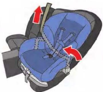Illustration of a blue car seatbelt with red arrows indicating seatbelting direction (no text or symbols)