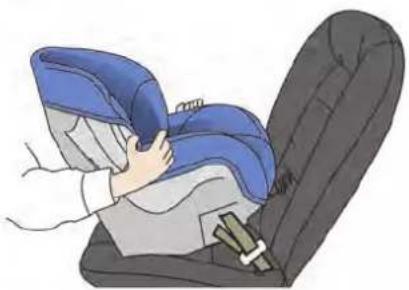 Illustration of a person using a blue seatbelt to lift a car seat (no text or symbols visible)