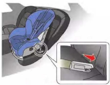 Illustration of a blue car seatbelt with a magnified inset showing the seatbelt detail (no text or symbols present)