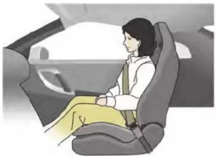 Illustration of a person seated in a car seat, wearing a seatbelt and holding the seatbelt (no text or symbols visible)
