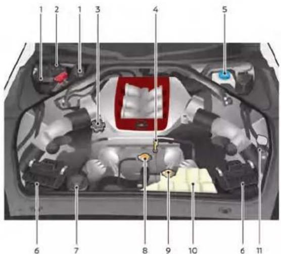Labeled diagram of a car engine showing numbered components for identification