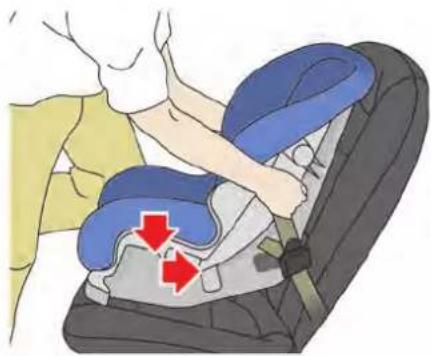 Illustration of a person adjusting a blue and gray car seatbelt, with red arrows indicating pressure points (no text or symbols)