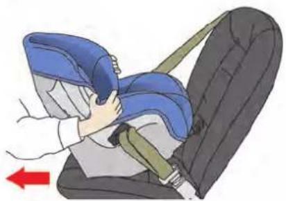Illustration of a person adjusting a blue seatbelt, with a red arrow indicating left motion (no text or symbols)