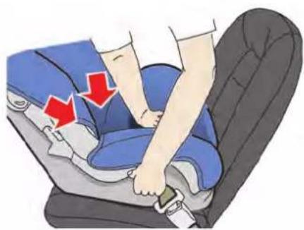 Illustration of a person adjusting a blue car seatbelt, with red arrows indicating the pressure point (no text or symbols present)