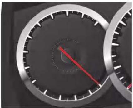 Close-up of a car dashboard with red speedometer and gear teeth (no visible text or symbols)