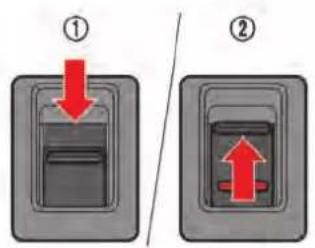Diagram showing two states of a device lock or latch mechanism with red arrows indicating downward and upward movement.