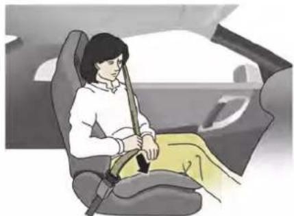 Illustration of a person sitting in a car seat, wearing a seatbelt and holding a belt (no text or symbols visible)
