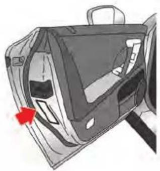 Illustration of a car interior compartment with a red arrow pointing to the door (no text or symbols present)