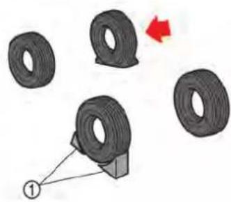 Diagram showing tire arrangement with a red arrow indicating direction, no text or symbols present
