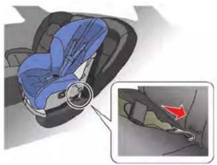 Illustration of a blue car seat with a magnified inset showing the seat detail (no text or symbols)
