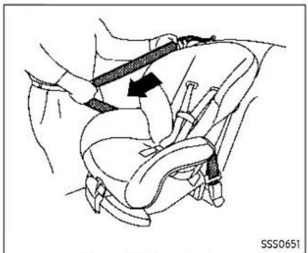 Line drawing of a car seatbelt with a belt buckle and arrow indicating direction (no text or symbols)