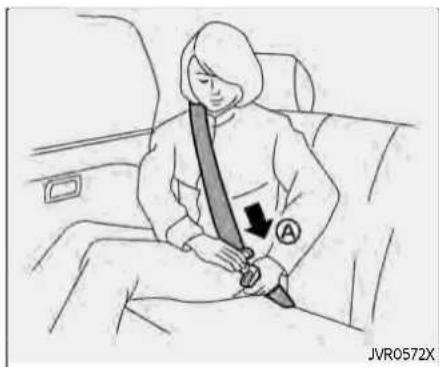 Illustration of a person sitting on a car seat with a belt buckle, showing a downward arrow and circular symbol (no text or labels)