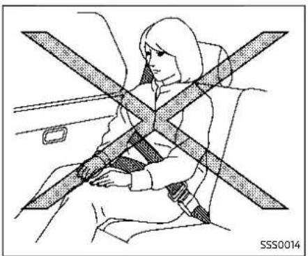 Line drawing of a person sitting inside a car with an X-shaped seatbelt (no text or symbols)