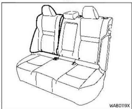Line drawing of a car rear seat with four seats and two side pockets (no text or symbols)
