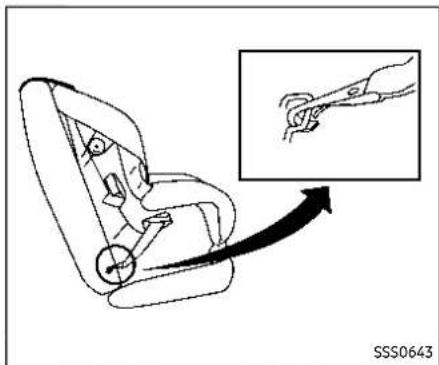 Line drawing of a car seat assembly with an inset showing a hand holding a tool (no text or symbols present)