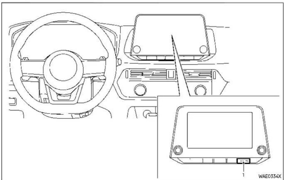 Technical line drawing of a car dashboard and infotainment device (no text or symbols)