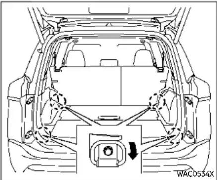 Technical line drawing of a car interior showing structural components and a directional arrow (no text or symbols)