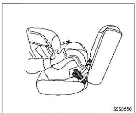 Line drawing of a car seatbelt with hands securing the seat (no text or symbols)