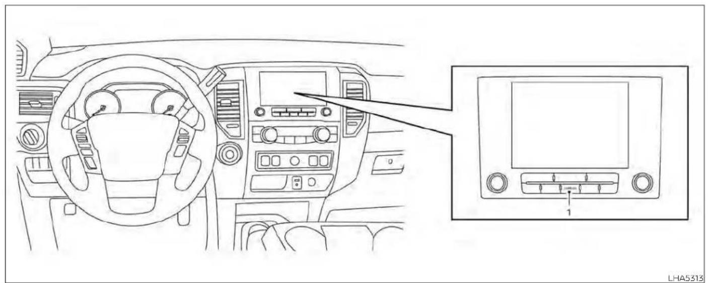 Diagram of car dashboard and infotainment system with labeled controls and a zoomed-in display panel