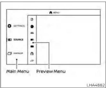 MENU SETTINGS SOURCE MRNGR Main Menu Preview Menu LHA4882